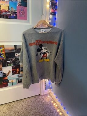 Disney Gray Walt Disney World Mickey Crewneck Sweatshirt with Red Logo